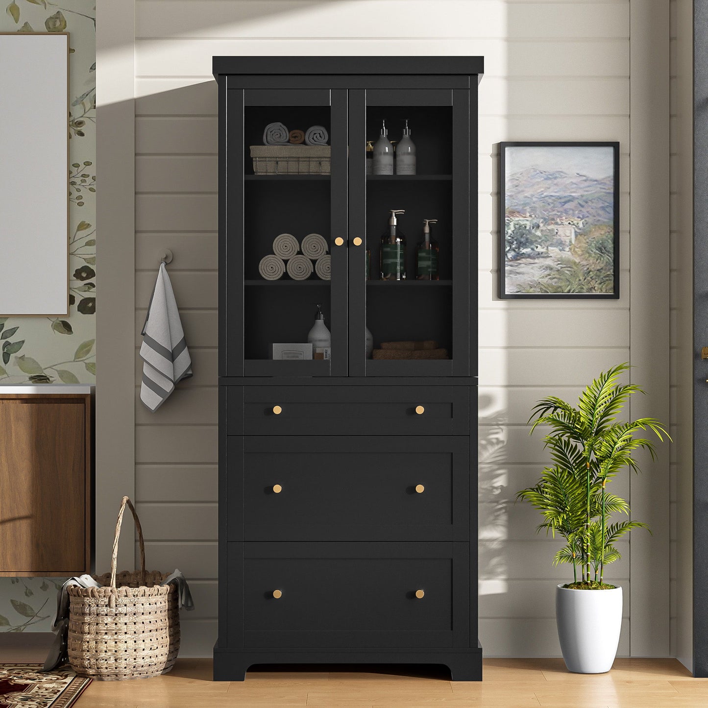 Freestanding Tall Bathroom Cabinet With Adjustable Shelves, Drawers, Soft Close Glass Doors Hearth and Haven