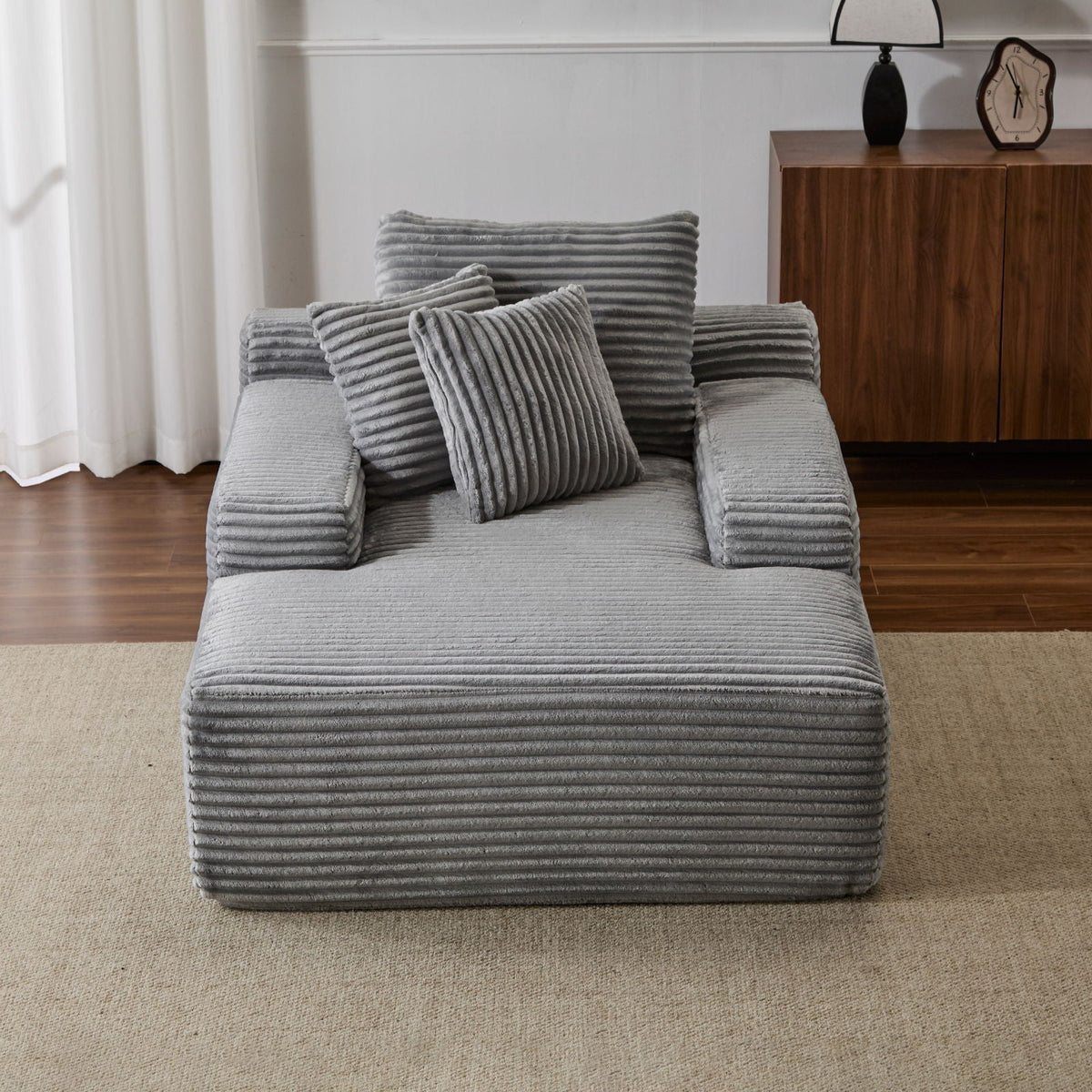 Oversized Chaise Lounge Chair Cozy Cloud Couch, Plush Corduroy Upholstered Sleeper Sofa Daybed With 3 Throw Pillows And Wide Armrest For Living Room - Gray Home Essentials