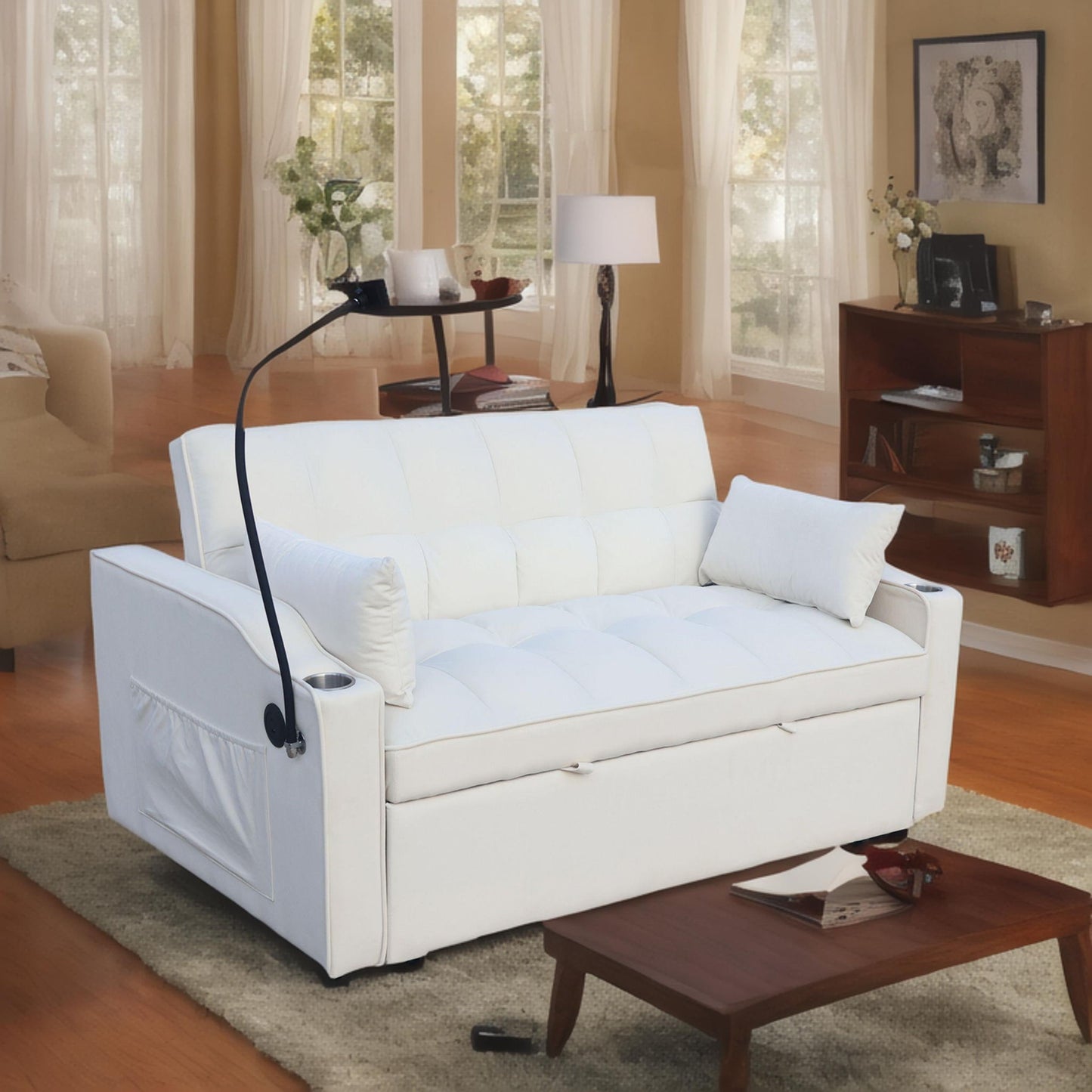 Modern Velvet Loveseat Futon Sofa With Pullout Bed, Adjustable Reclining Backrest, Toss Pillows Home Essentials