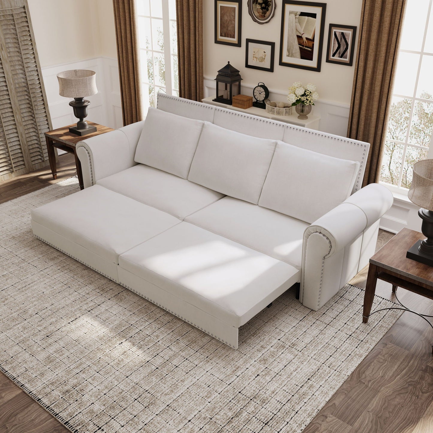 3 In 1 Convertible Sleeper Sofa With Nailhead Trim & Rolled Arm Home Essentials