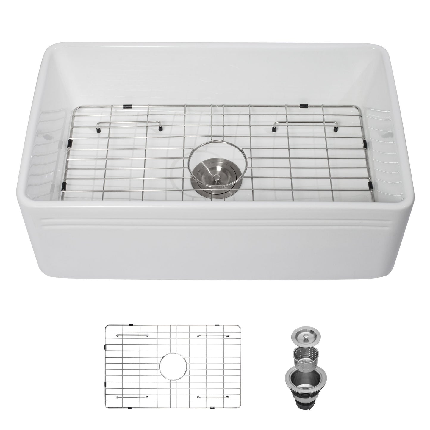 Sink 30" Apron Front Reversible Single Bowl Kitchen Sink With Grid And Strainer - White Daily Nest