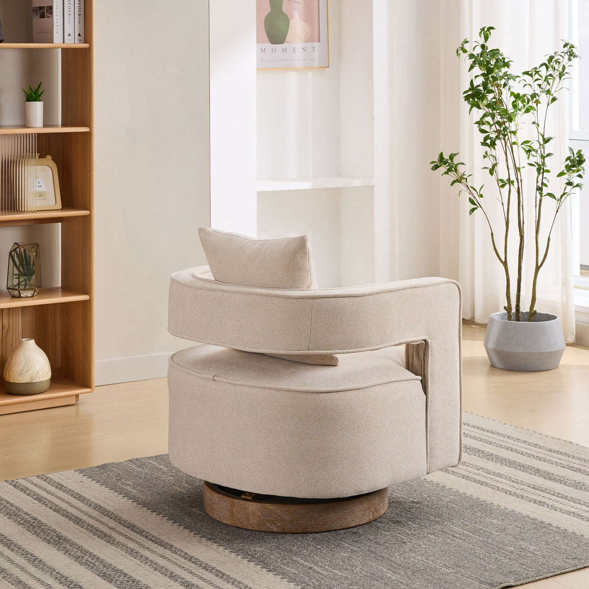 Swivel Accent Open Back Chair Modern Comfy Sofa Chair With Weathered Base For Living Room, Club Chair Leisure Arm Chair For Lounge - Beige Home Essentials