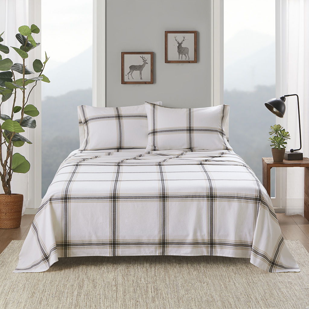 Flannel - 4 Piece California King Sheet Set - Tan Plaid Woolrich