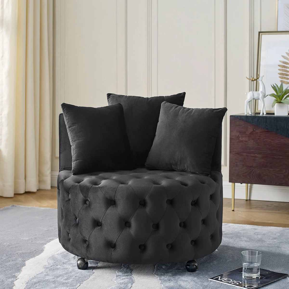 Modern Upholstered Swivel Chair With Button Tufted Design And Movable Wheels Home Essentials