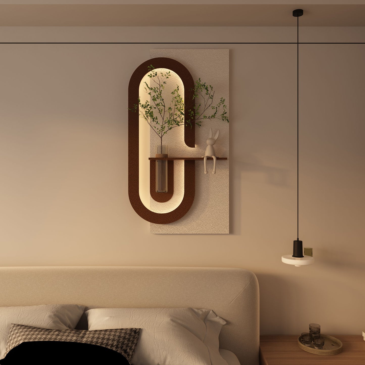 Adjustable LED Sandstone Wall Decor With Simulated Plants 3D Art Sculpture, Glass Vase & Rabbit Statue, Remote Control - Light Coffee Daily Nest