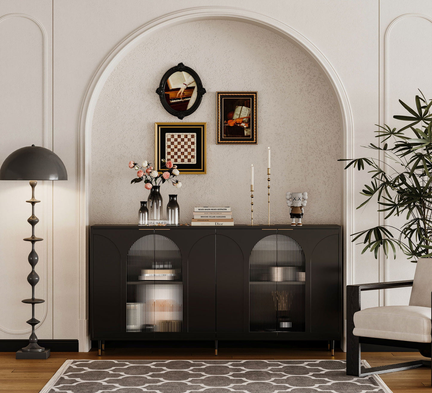 Accent Cabinet Lacquered Wooden Cabinet With 4 Glass Doors Sideboard Buffet Server Cabinet Storage Cabinet, For Living Room, Entryway, Hallway, Office, Kitchen And Dining Room Home Essentials