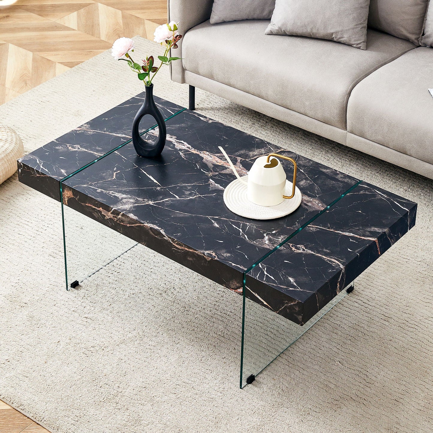 Modern Marble Patterned Coffee Table With Tempered Glass Legs Home Essentials