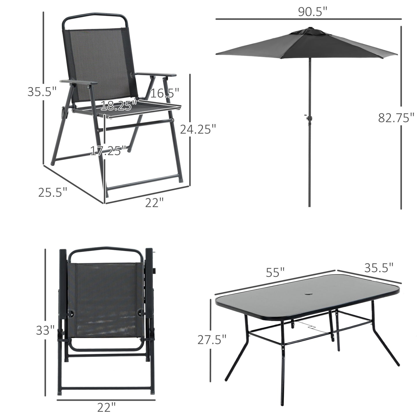 Outsunny - Patio Dining Set With Table Umbrella, Folding Chairs And Dining Table, Outdoor Patio Furniture Set Home Essentials