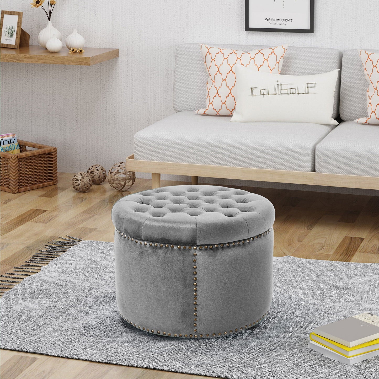Elegant Round Ottoman Footstool With Studded Rim Noble House