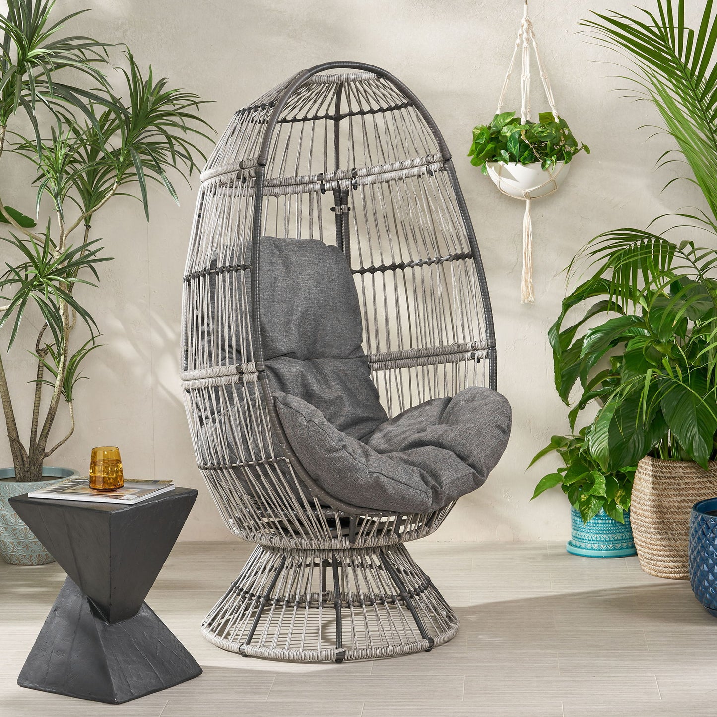 Patio Swivel Basket Egg Chair With Cushion Noble House