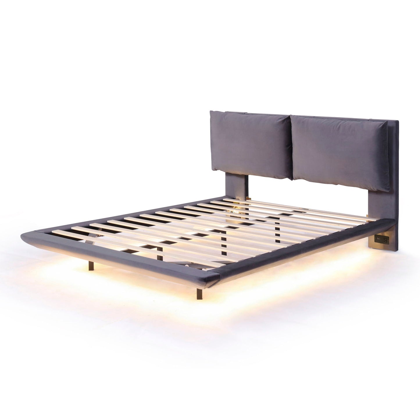 Upholstered Platform Bed With Sensor Light And 2 Large Backrests, With 2 Sets Of USB Port And Socket On Each Rear Bed Leg Halcyon Home