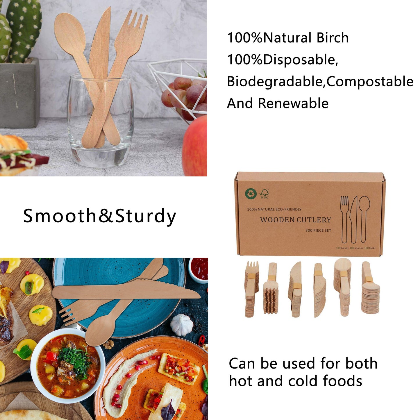 Wooden Compostable Utensils Set 300 Pieces 100 Forks 100 Spoons 100 Knives Sturdy Wood Disposable Cutlery Eco Friendly Biodegradable Utensils For Party Free From Plastic Cutlery Set For Eating - Natural Wood Daily Nest