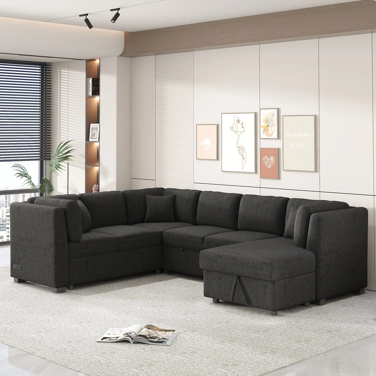 U-Shaped Sectional Sofa Pull Out Sofa Bed With Two USB Ports, Two Power Sockets, Three Back Pillows And A Storage Chaise For Living Room Hearth and Haven
