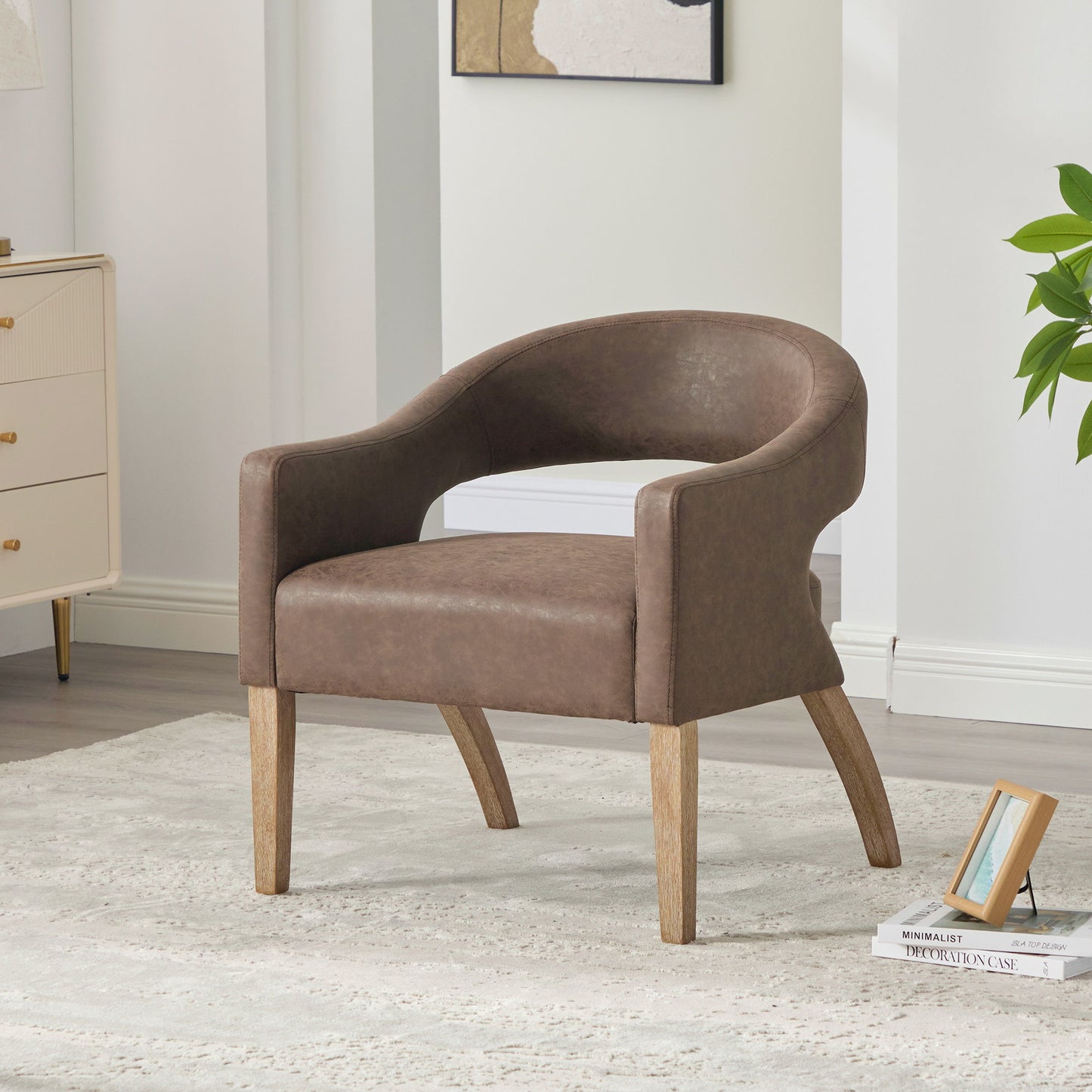 Upholstered Open Back Armchair With Weathered Rubberwood Legs Home Essentials