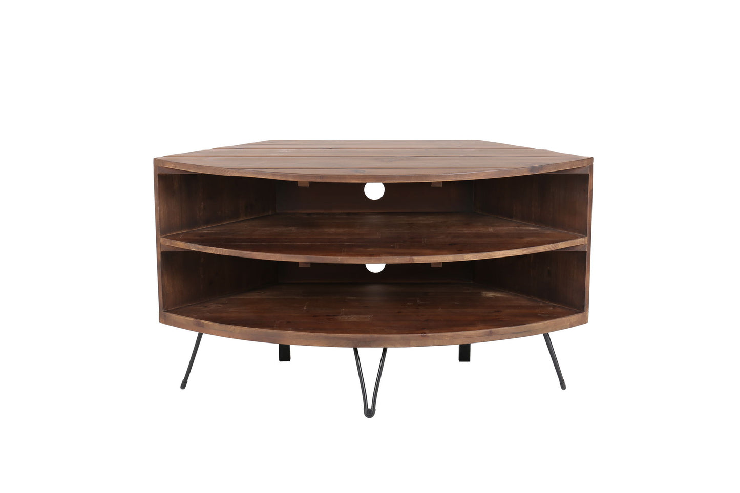Fan Shape Reclaimed Wood Corner Media Table For Living Room Wise Use Your Space - Natural Home Essentials