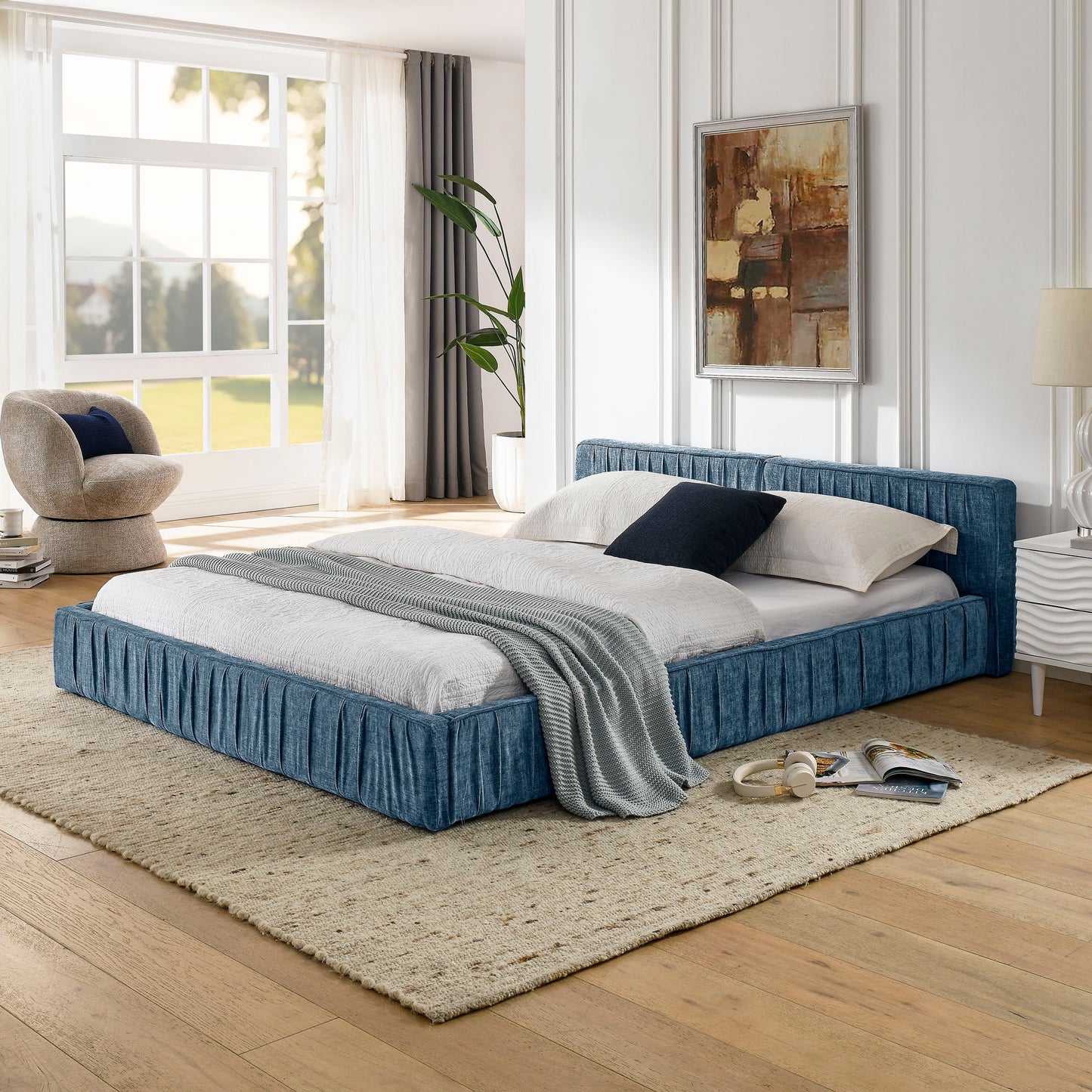 Modern Upholstered Platform Bed Frame With Pleated Design Home Essentials
