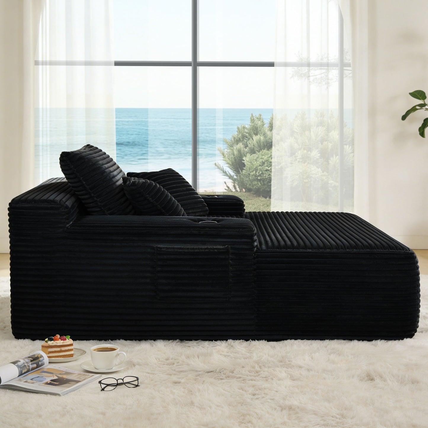 Convertible Chaise Lounge Chair & Wide Armrest & Throw Pillows - Black Home Essentials