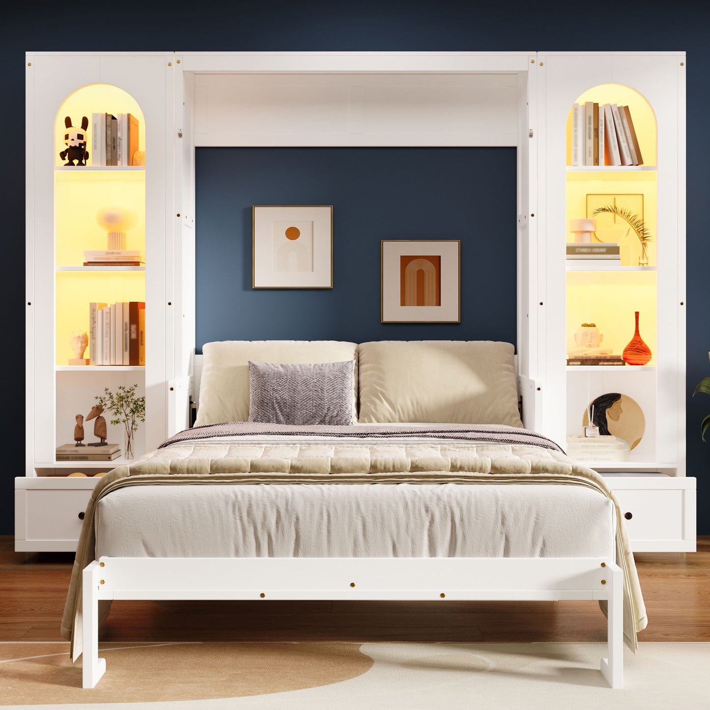 French Style Murphy Platform Bed With Shelf, Side Cabinets, Drawers And LED Hearth and Haven