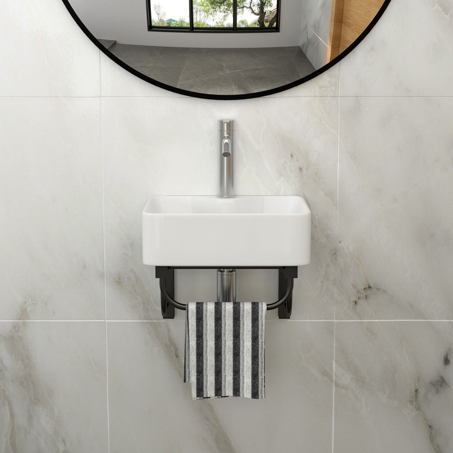 Rectangular Bathroom Sink With Towel Bar & Faucet Hole, Wall Mounted - White Home Essentials