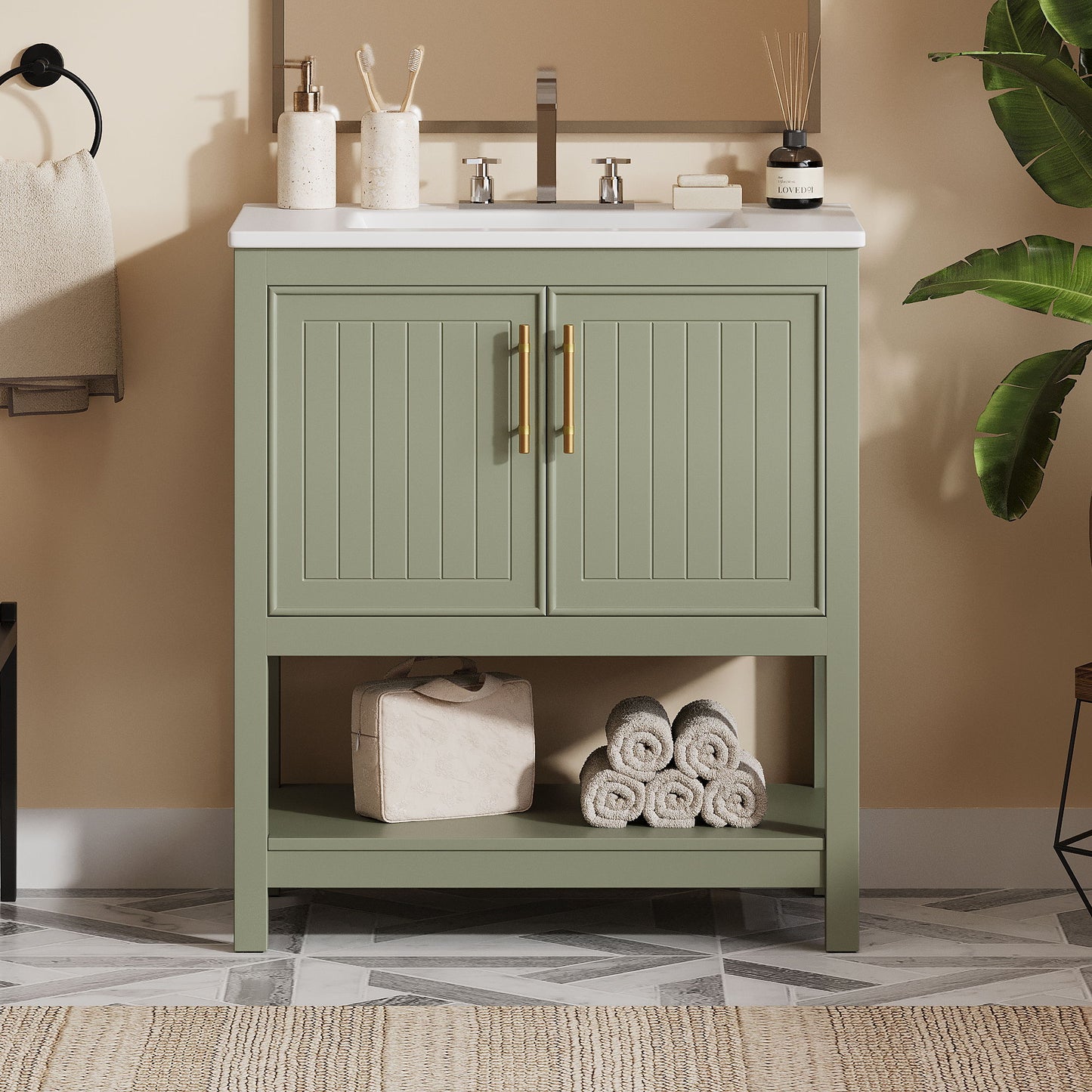 Elegant Bathroom Vanity With Ceramic Sink And Versatile Storage Hearth and Haven