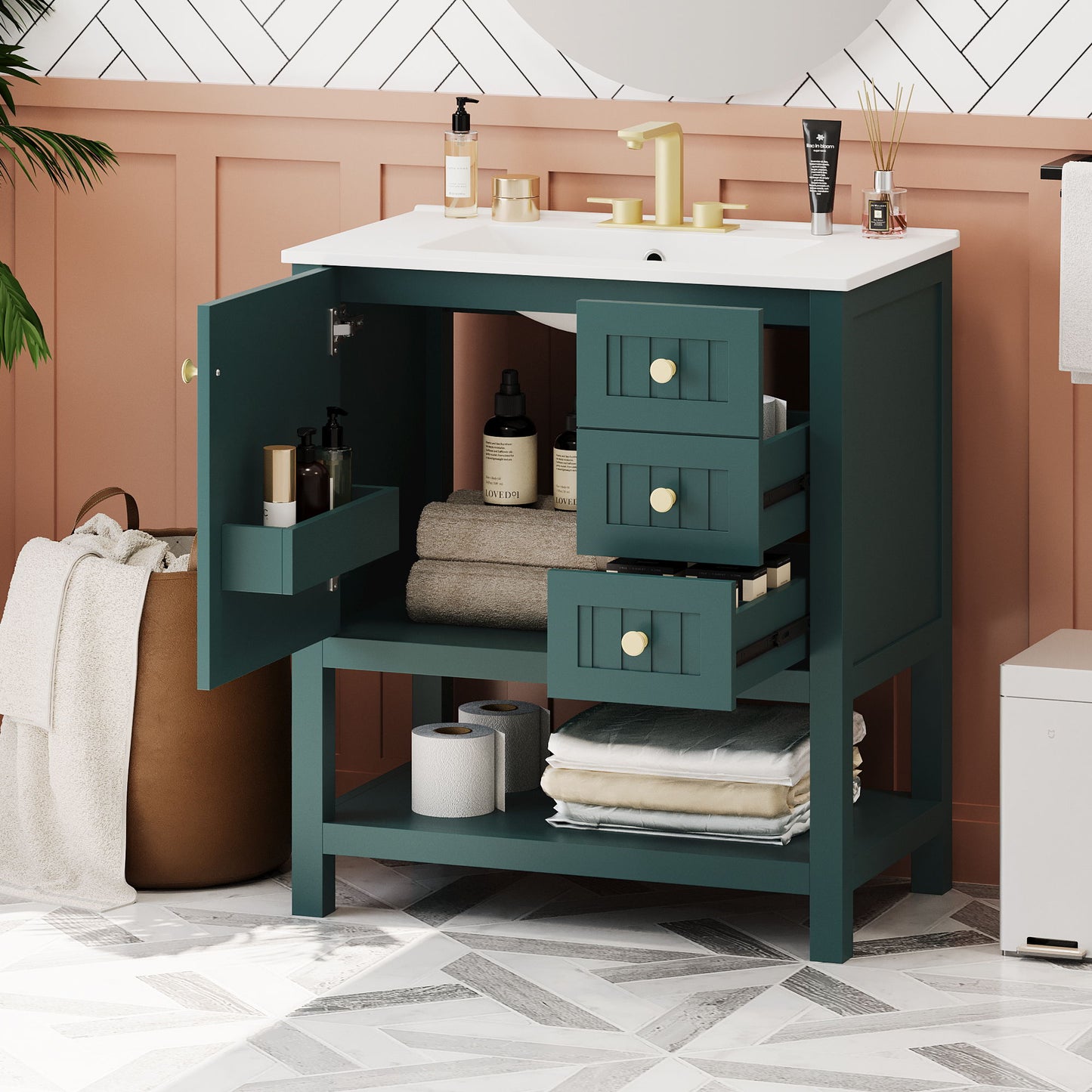 Transitional Style Bathroom Vanity Cabinet Combo With Ceramic Sink Hearth and Haven