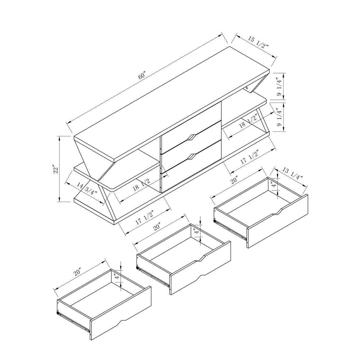 Modern TV Stand With Four Open Shelves And Three Storage Drawers - White Oak Home Essentials