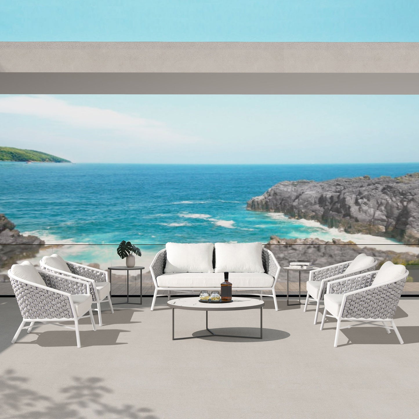 Rowan - Rope Barrel Back Patio Conversation Loveseat Sofa - Optic White Jennifer Taylor Home