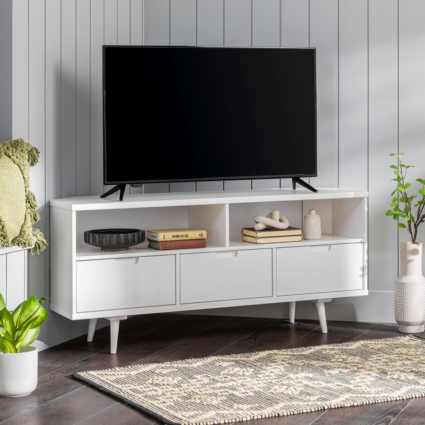 Mid-Century Modern Minimalist 3 Drawer Corner TV Stand For TVs Up To 58 Walker Edison