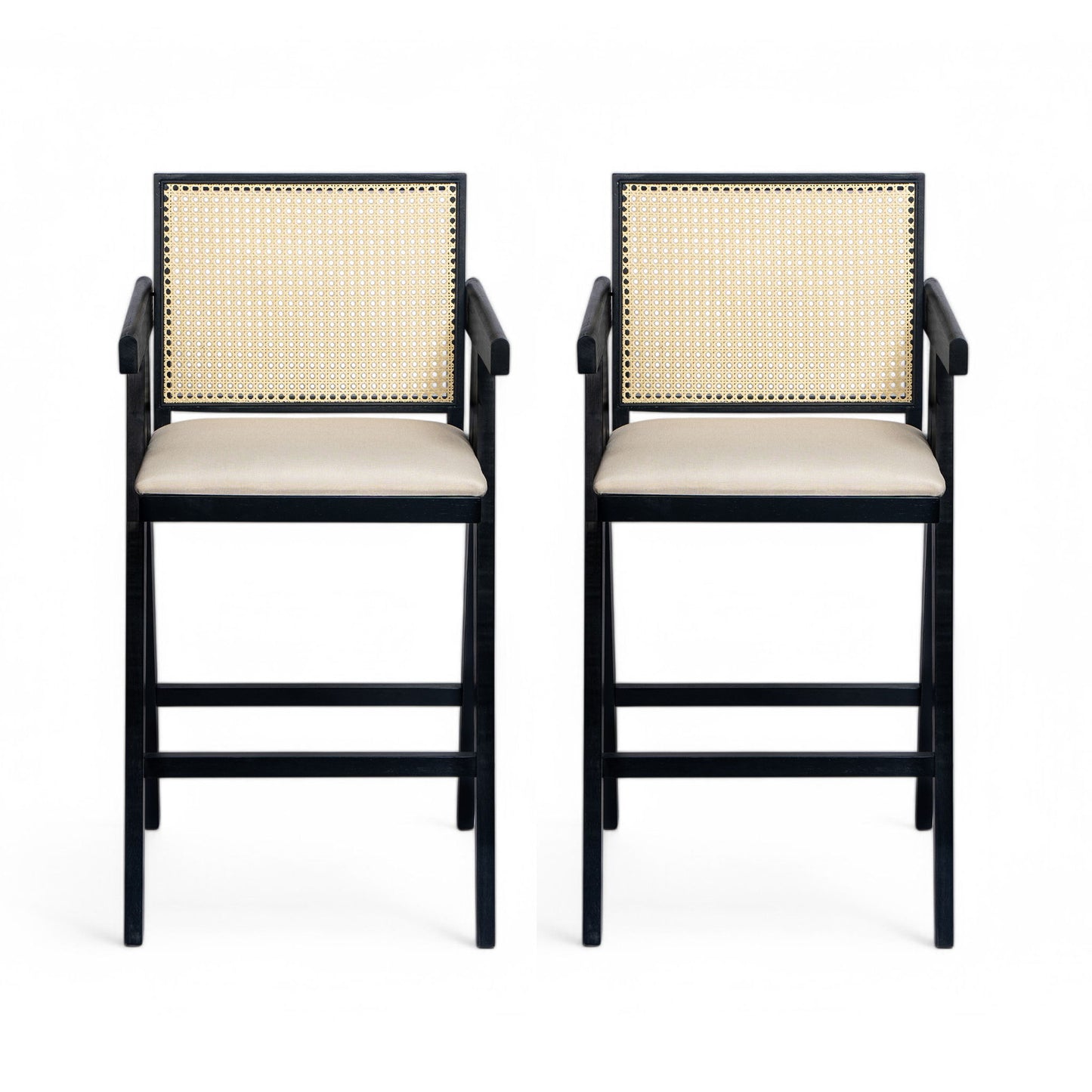 Woven Cane Plastic Backrest Bar Stool Foam Padded Fabric Seat & Durable Rubberwood Frame - Cream Gray Noble House