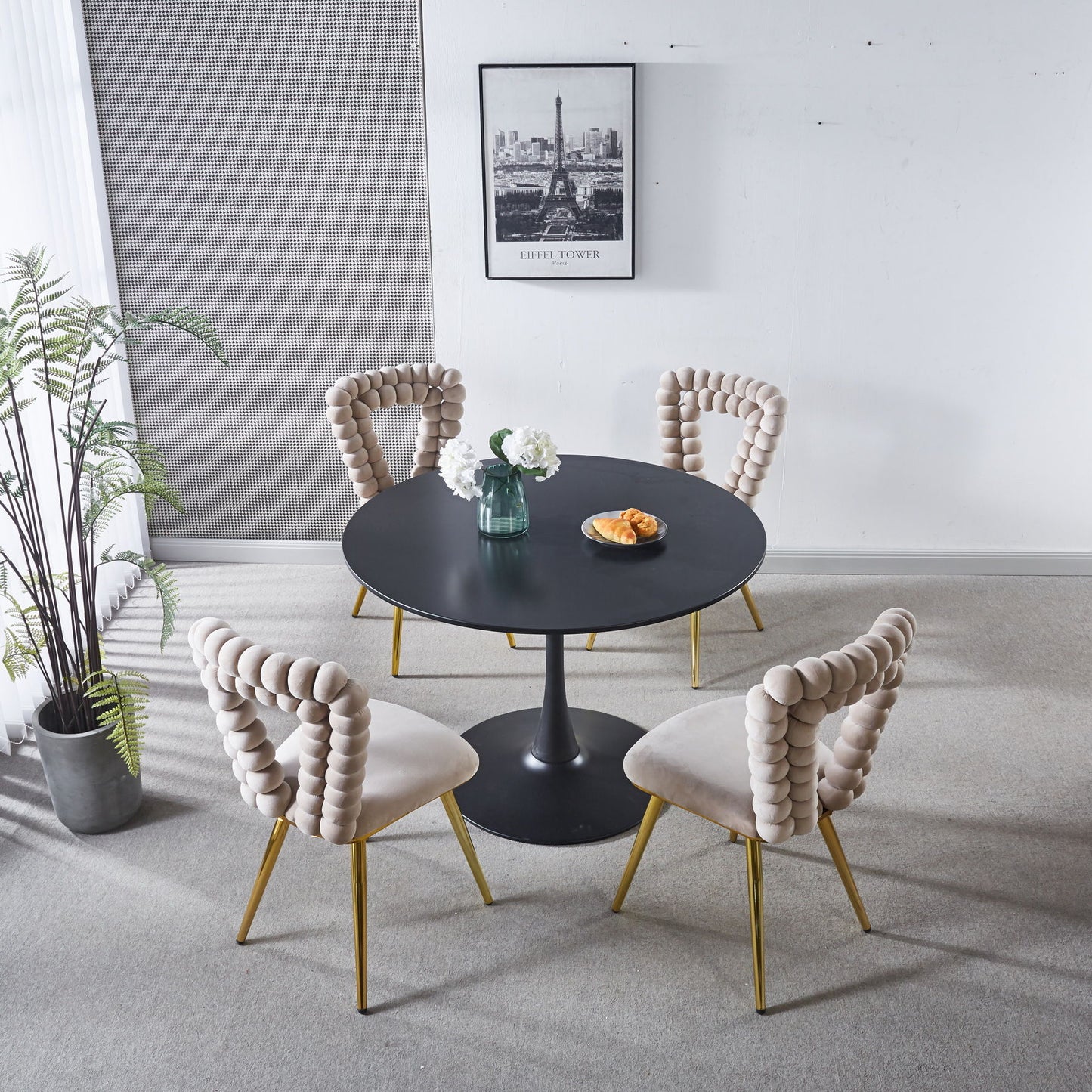 Modern Chair With Iron Tube Legs, Soft Cushions And Comfortable Backrest, Suitable For Dining Room, Living Room, Cafe, Hairball Back Home Essentials