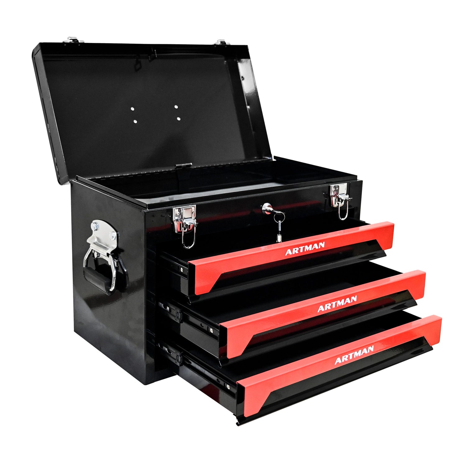 Portable 20" Steel Tool Box With 3 Drawers And Metal Latch Closure - Black / Red Daily Nest