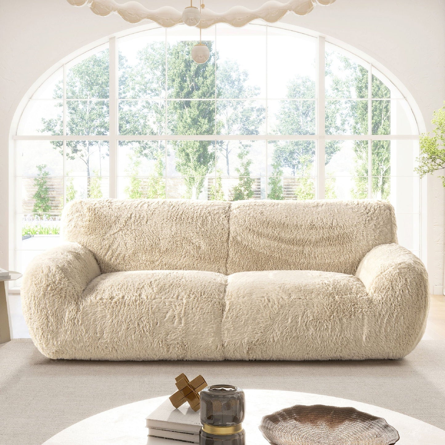 Summit - Faux Sheepskin Overstuffed Sofa - Cream Beige Jennifer Taylor Home