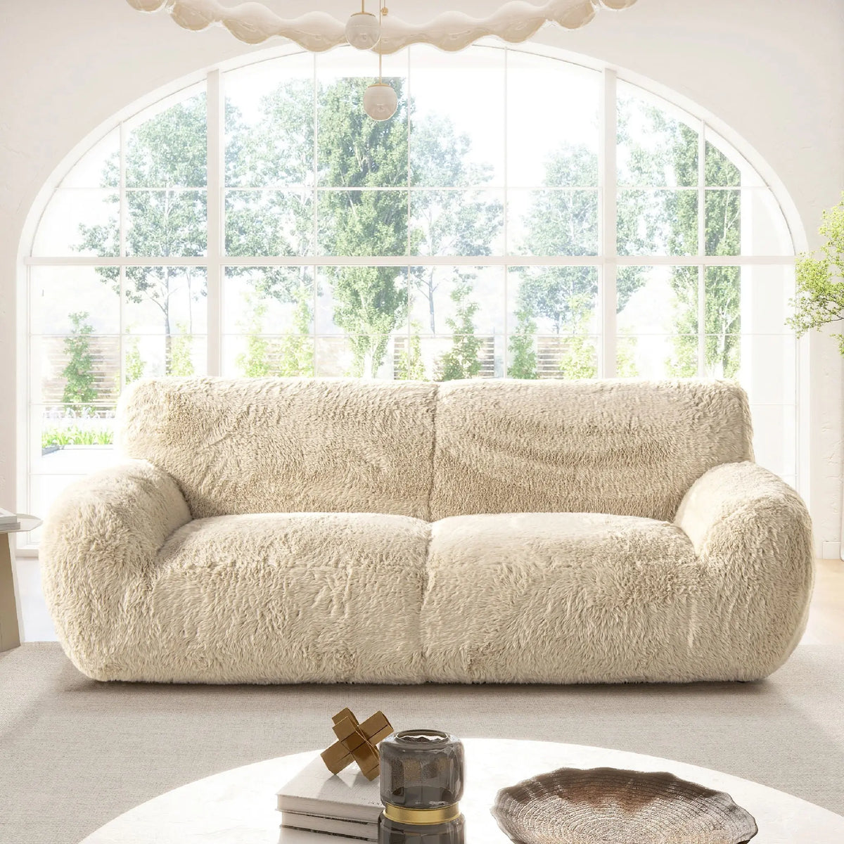 Summit - Faux Sheepskin Overstuffed Sofa - Cream Beige Jennifer Taylor Home