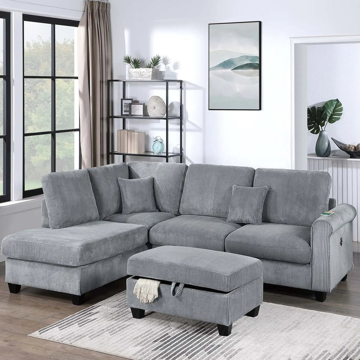 Contemporary Sectional Set With Right Arm Chaise, Left Arm Sofa With USB Port, Storage Ottoman Home Essentials