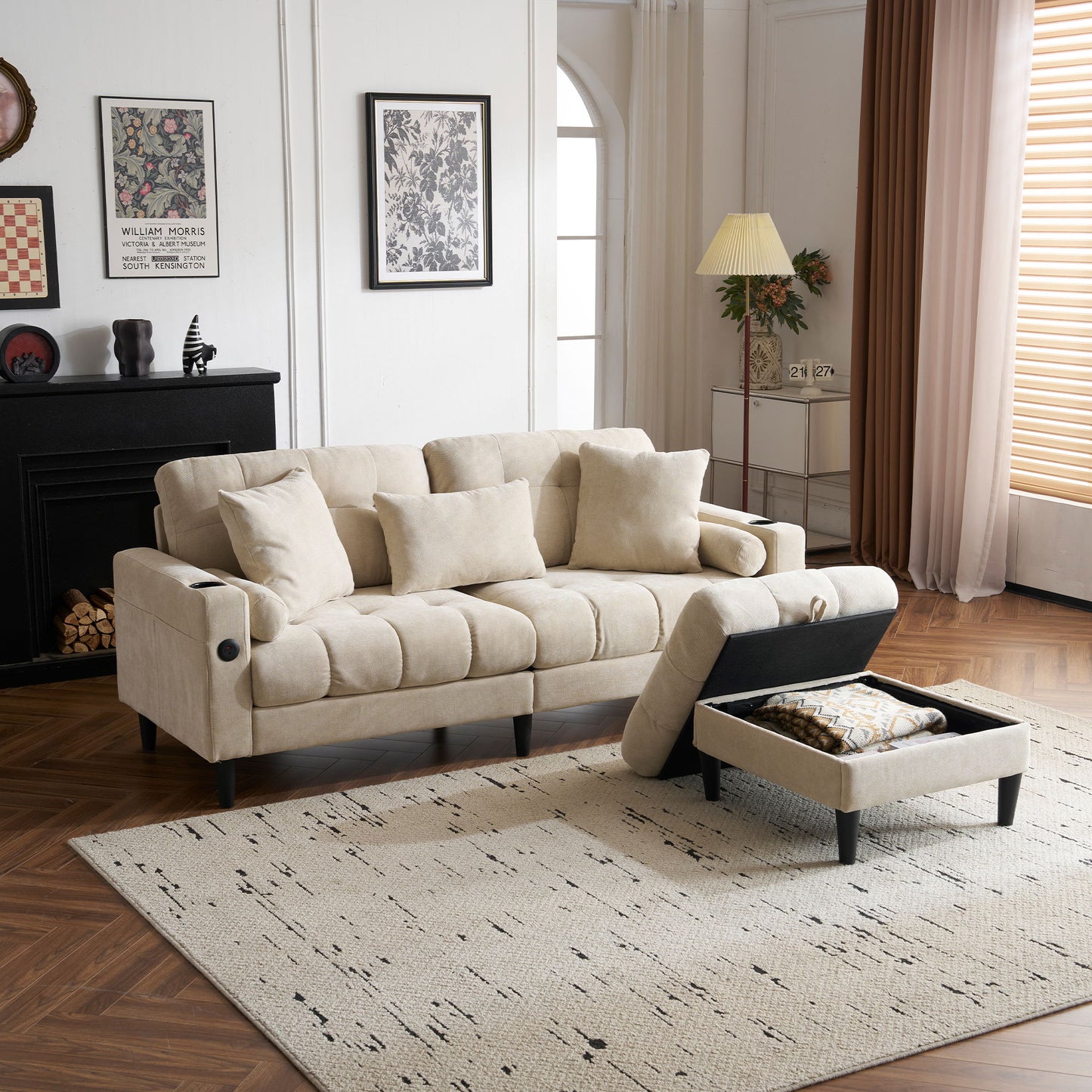 3 Seat L-Shaped Chenille Sofa With Removable And Storage Ottoman, Side Storage, And USB / C - Type Charging Ports Sofa For Living Room