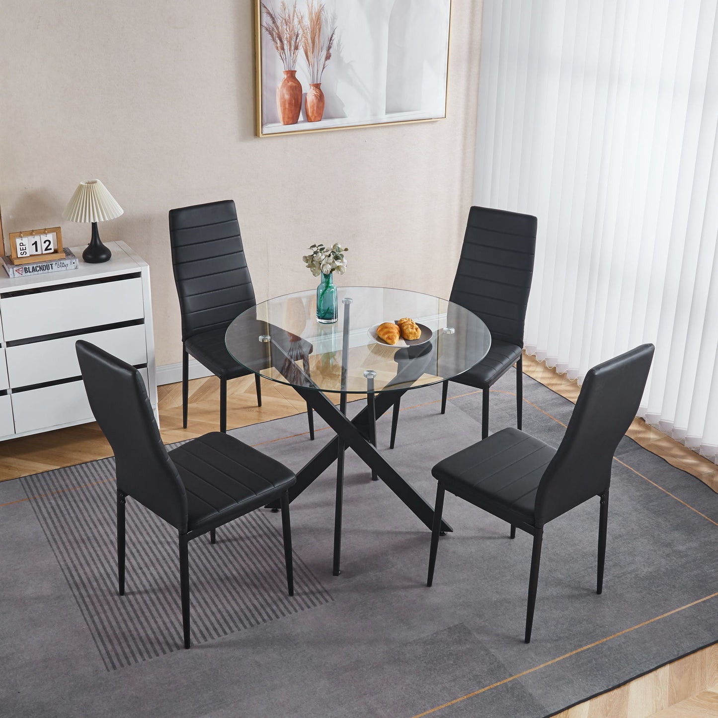 Dining Table With Cross Metal Leg And Tempered Glass, Modern Space Saving Kitchen Table For Living Room Home Essentials