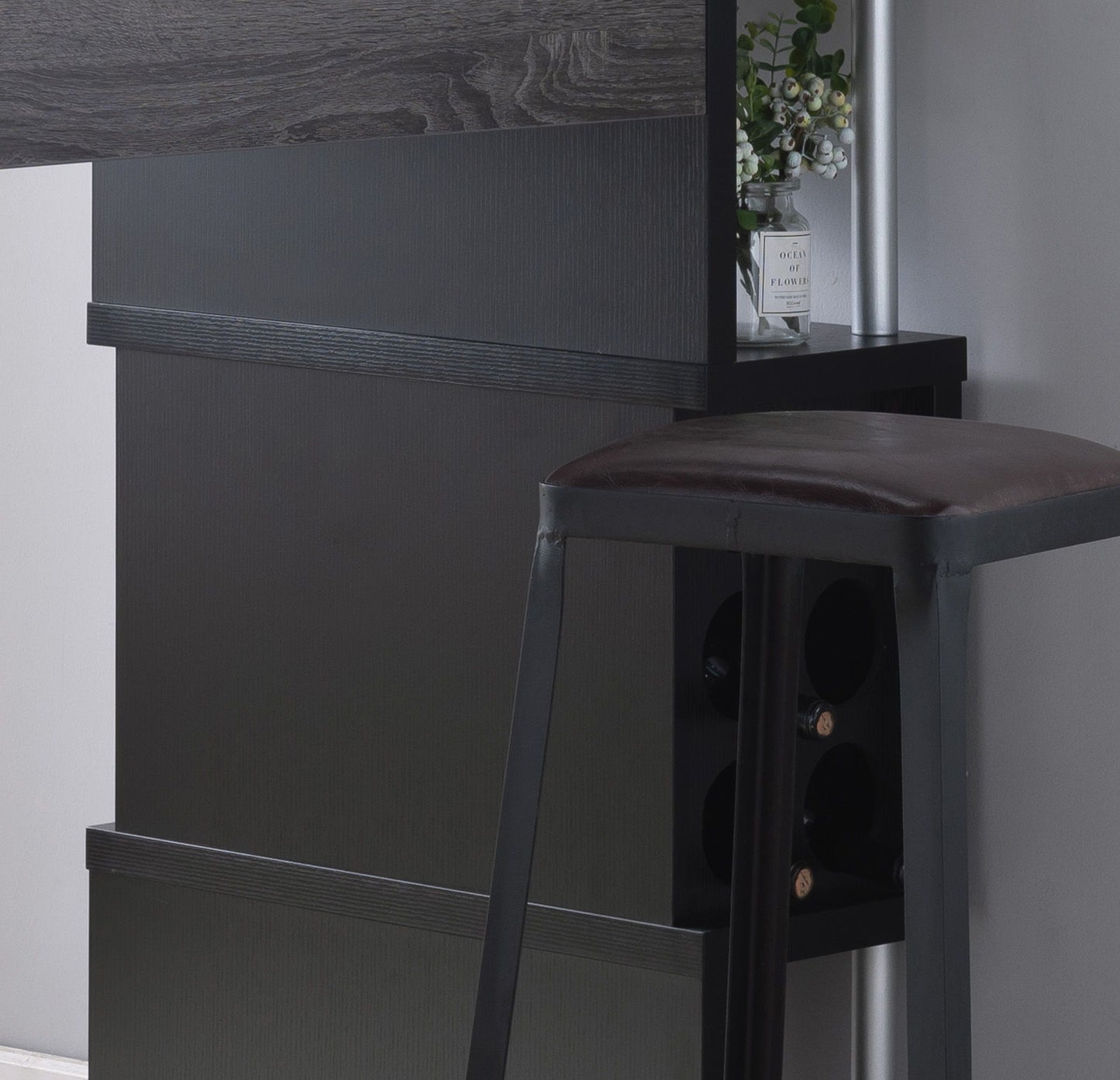 Home Bar Table With Wine Glass Compartment And Three Shelves - Distressed Gray / Black Home Essentials