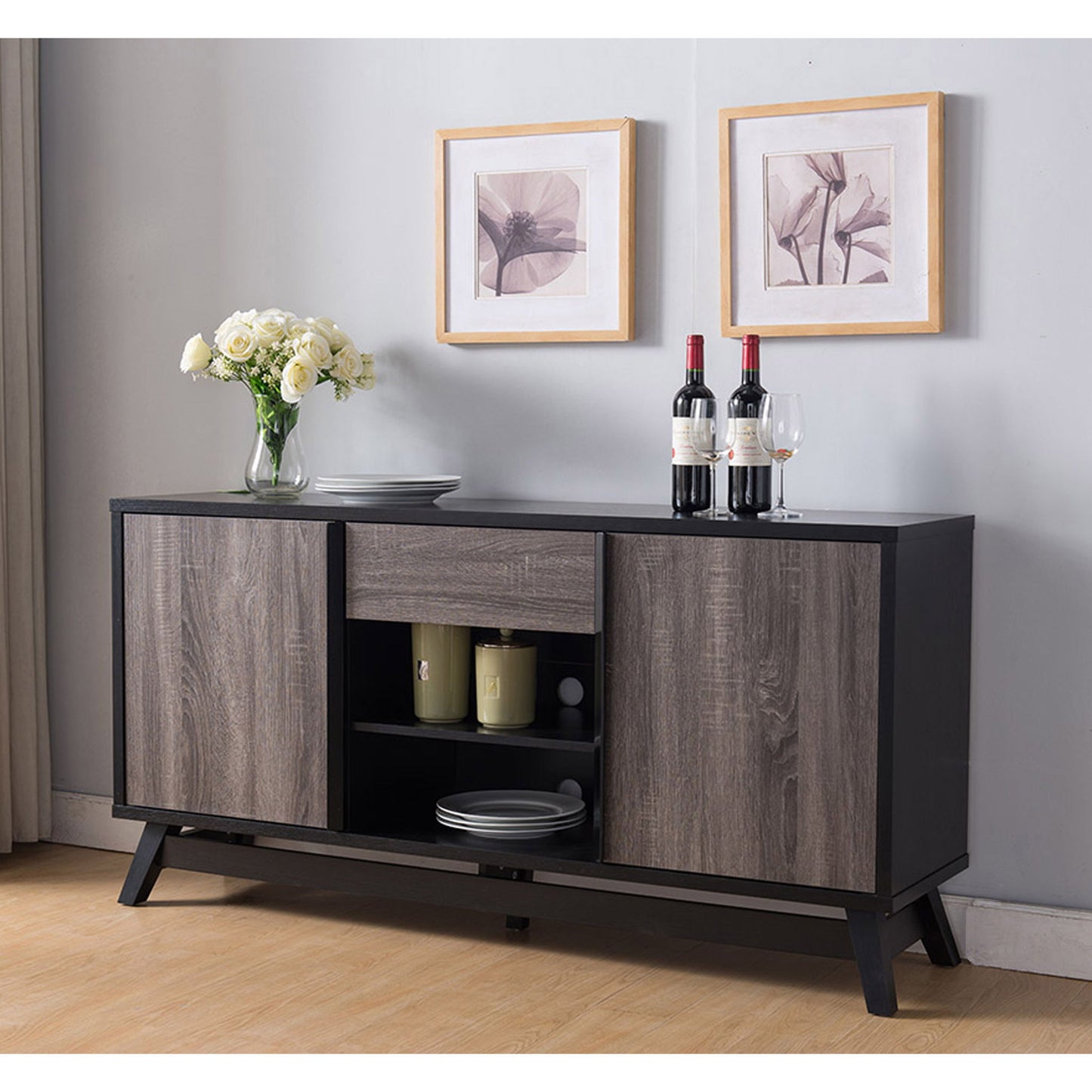 Sideboard TV Stand Buffet With 2 Doors 1 Drawer And 6 Shelves - Black / Gray Home Essentials