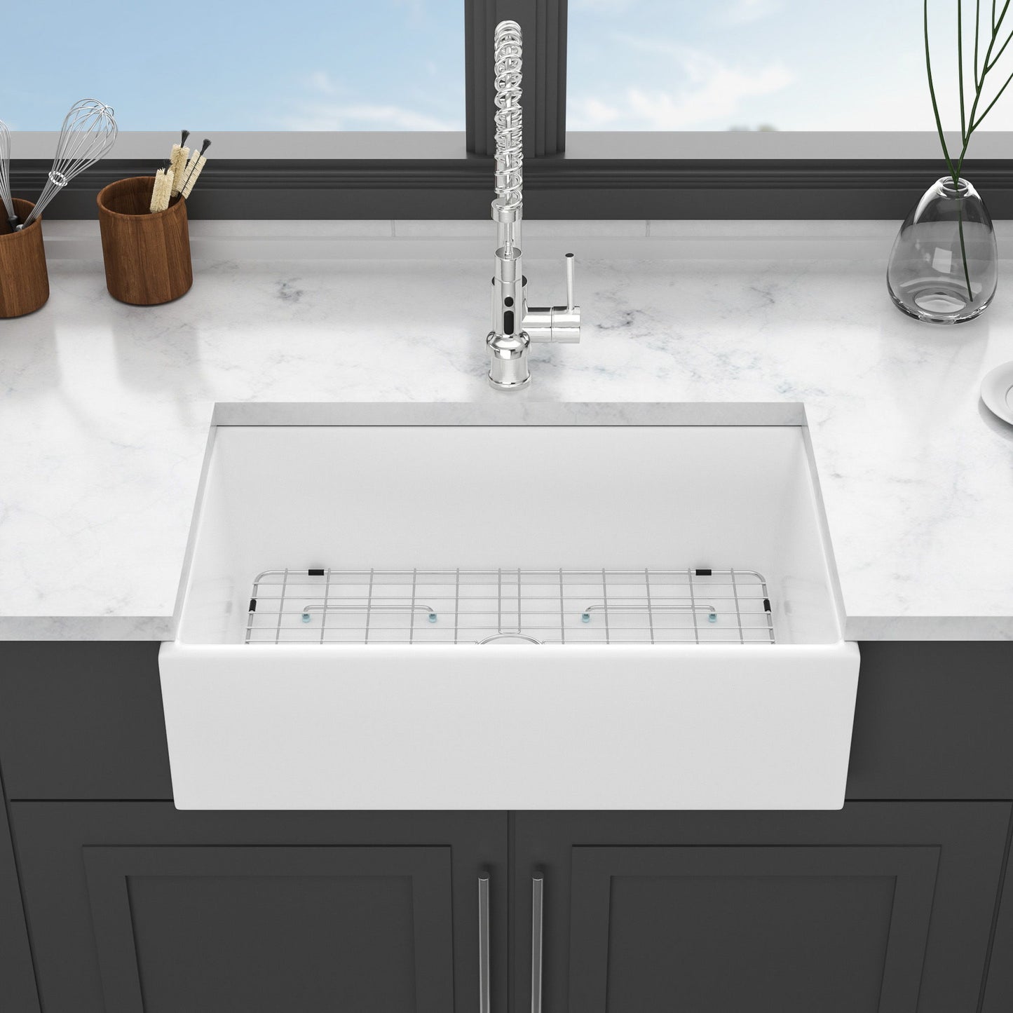 33" Undermount Sink With Apron Front, Single Bowl, Grid - White Daily Nest