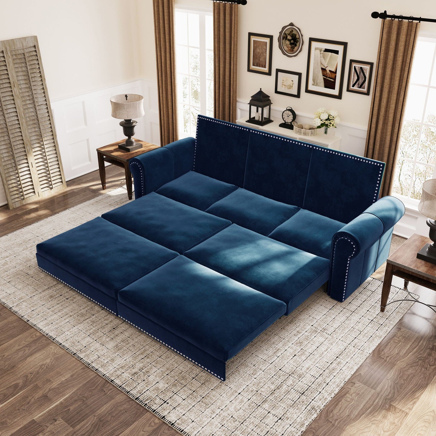 3 In 1 Convertible Sleeper Sofa With Nailhead Trim & Rolled Arm Home Essentials