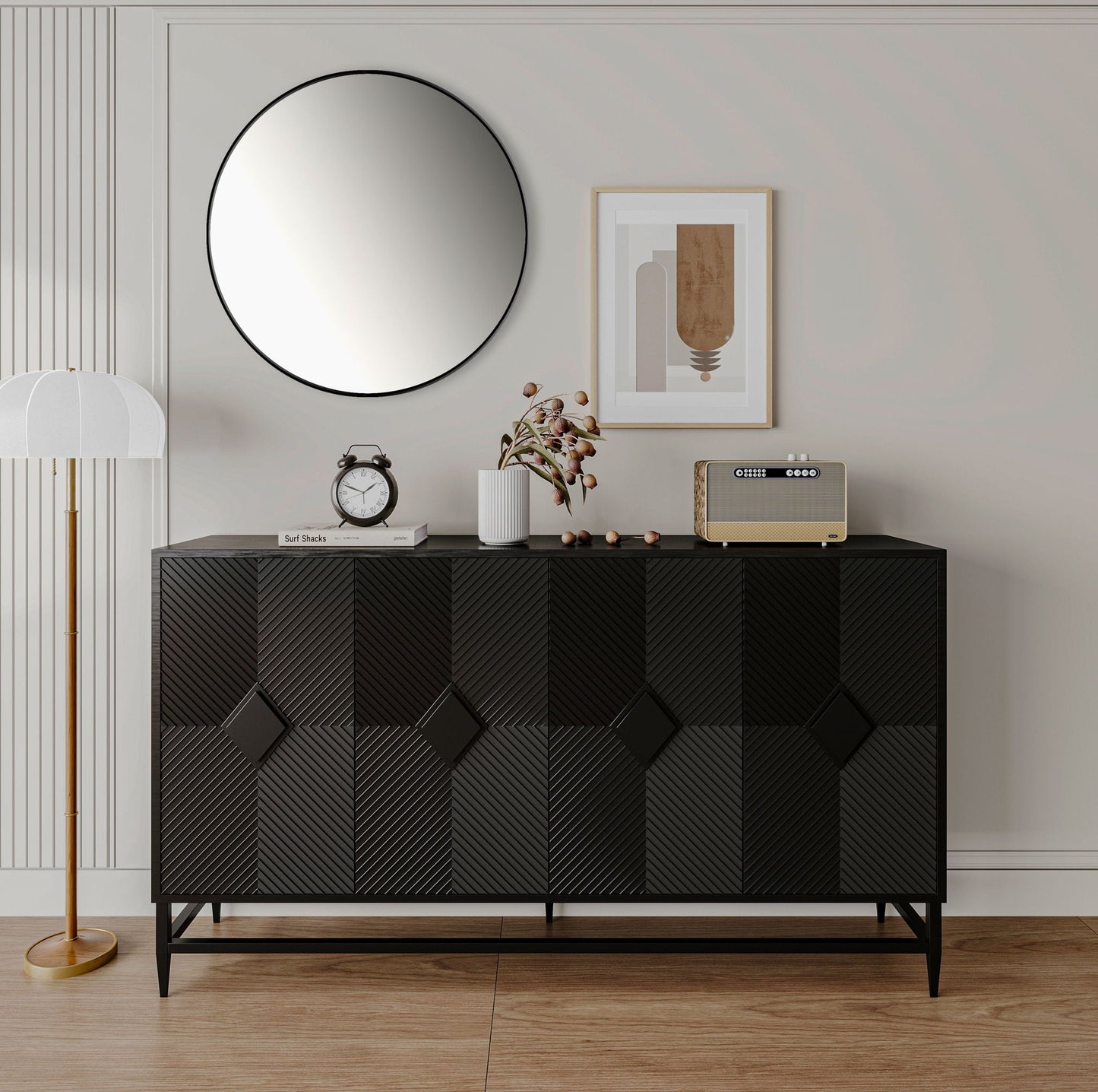 Accent Lacquered 4 Door Wooden Cabinet Sideboard Buffet Server Cabinet Storage Cabinet, For Living Room, Entryway, Hallway, Office, Kitchen And Dining Room - Matte Black Home Essentials
