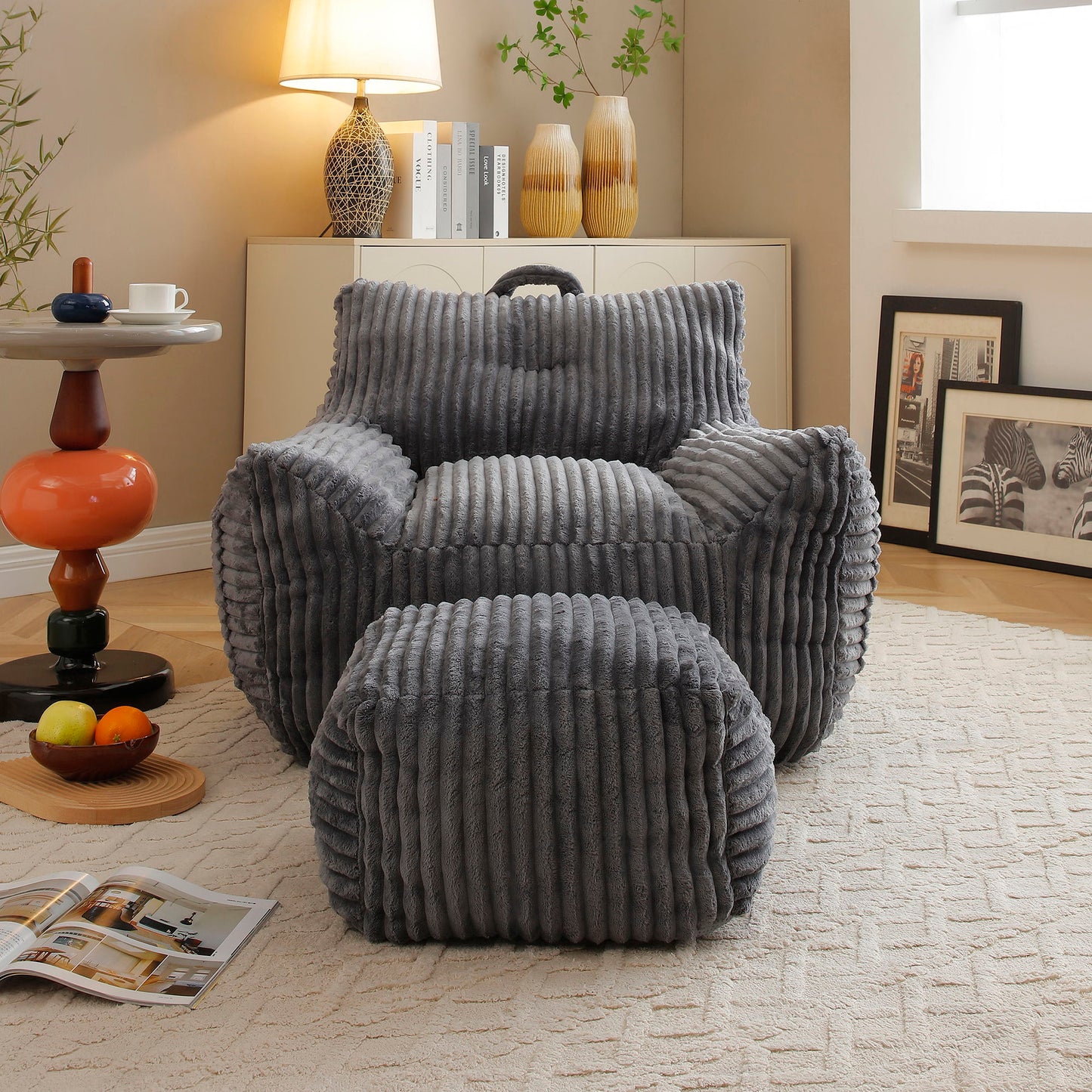 Giant Plush Bean Bag Chair With Armrests And Footstool Home Essentials