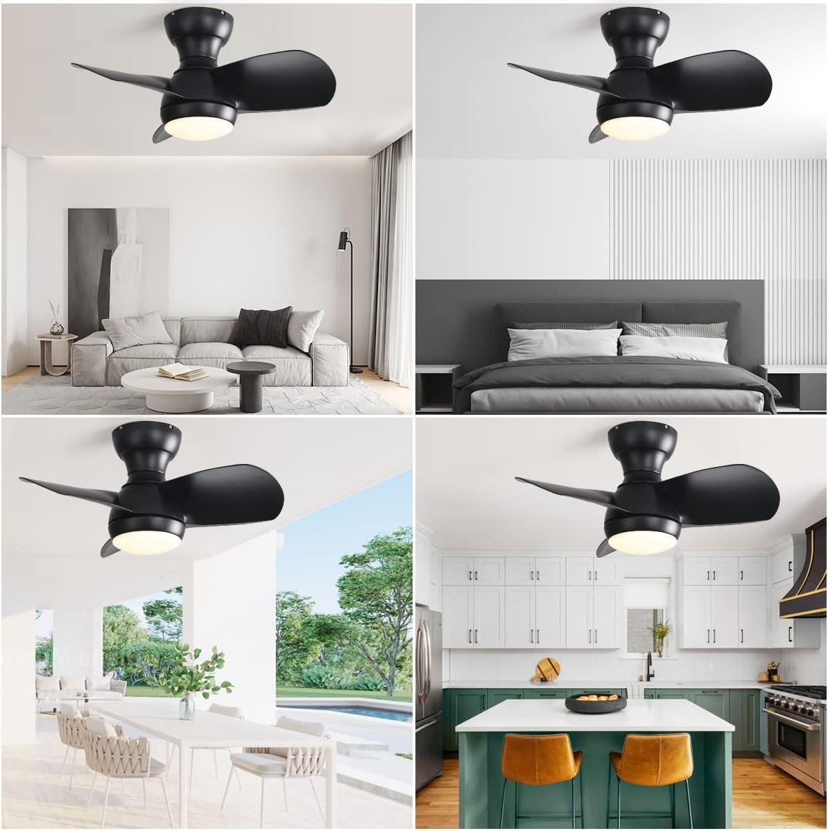 23" Bedroom Ceiling Fan With 3 Color Dimmable 3 ABS Blades Remote Control Dc Motor Black With 18W Led Light Daily Nest