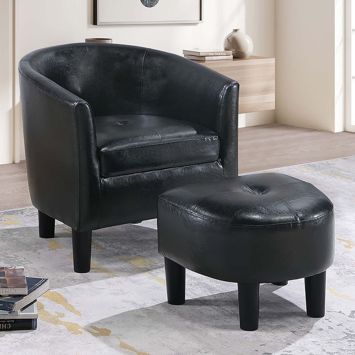 Accent Chair With Matching Ottoman Upholstered Round Backrest, Seating Set - Black Home Essentials