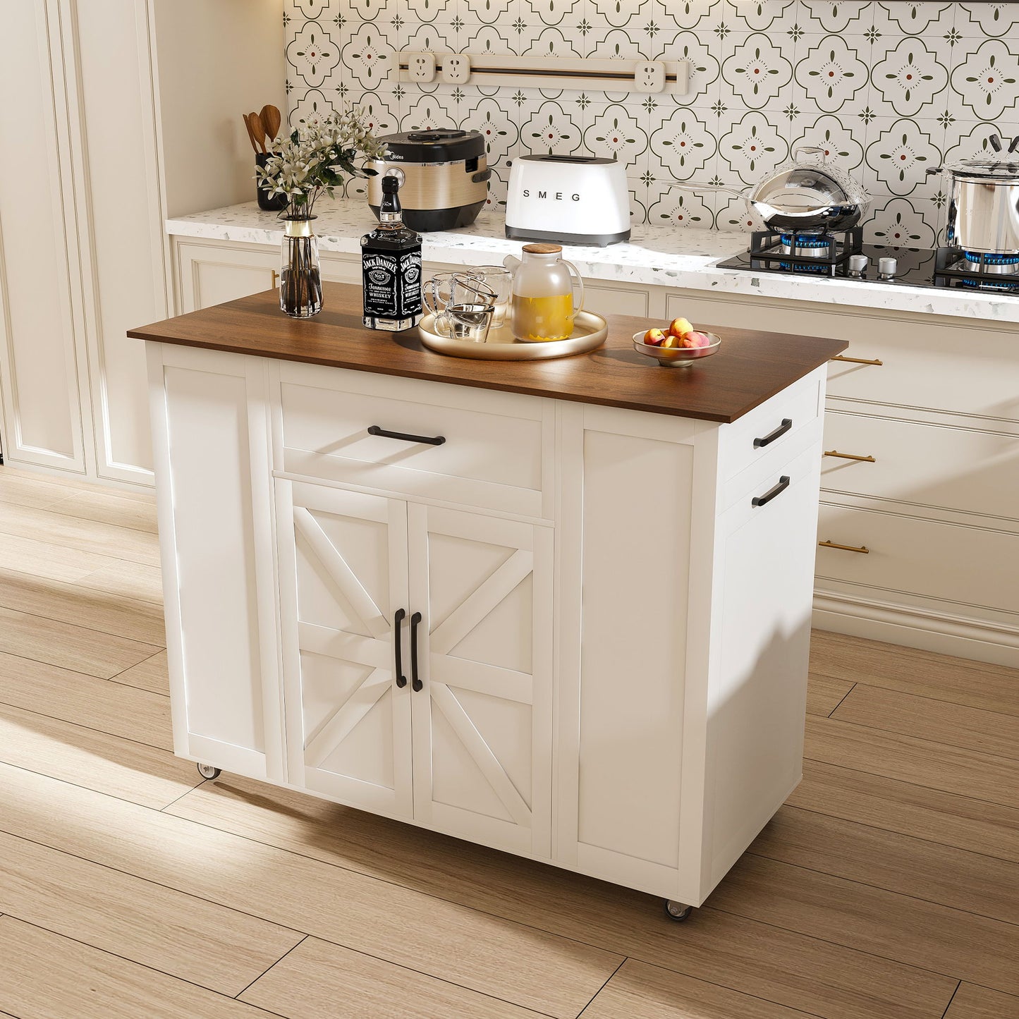 Rustic Movable Kitchen Island On Wheels With Storage & Power Outlet - White Home Essentials
