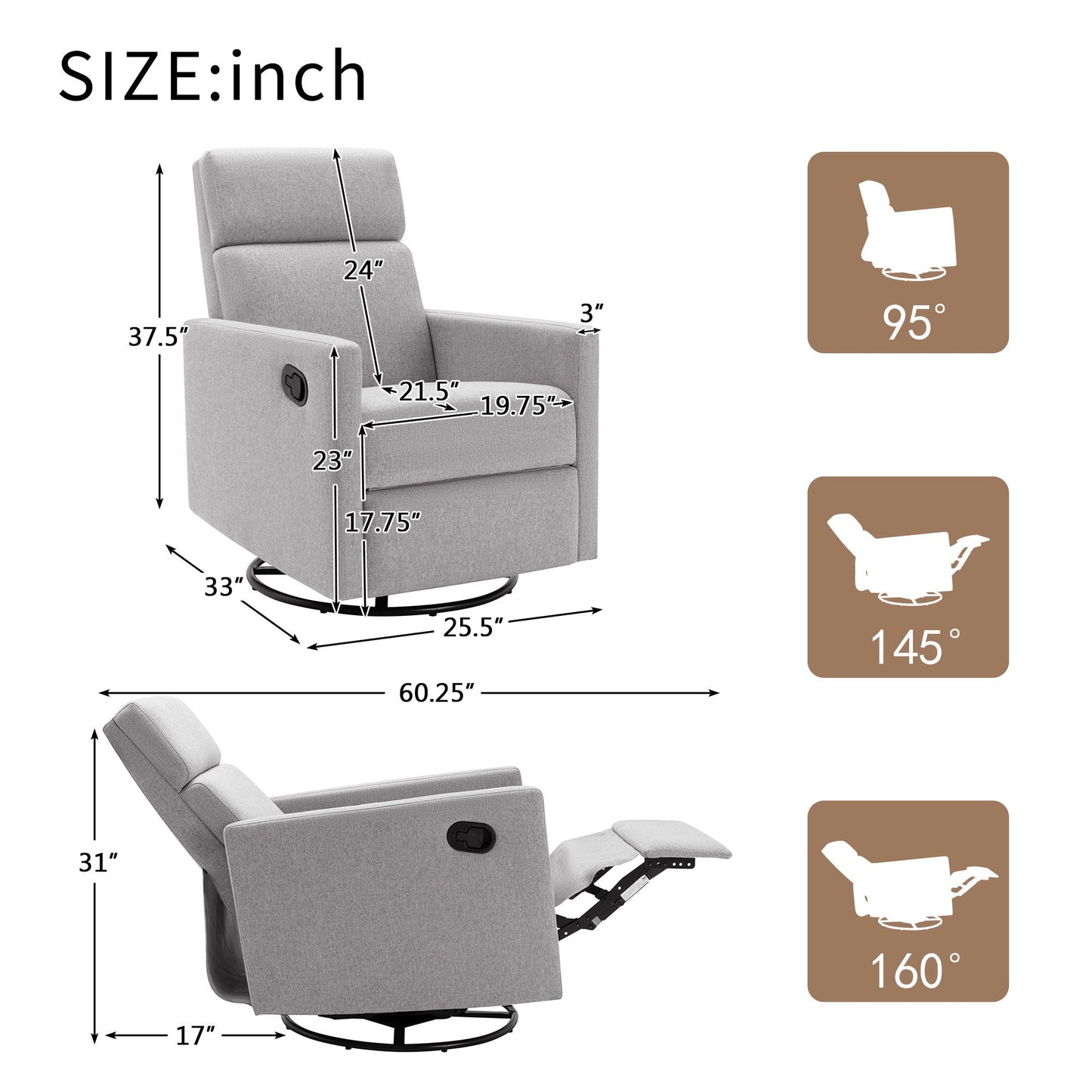 Modern Upholstered Rocker Nursery Chair Plush Seating Glider Swivel Recliner Chair Hearth and Haven