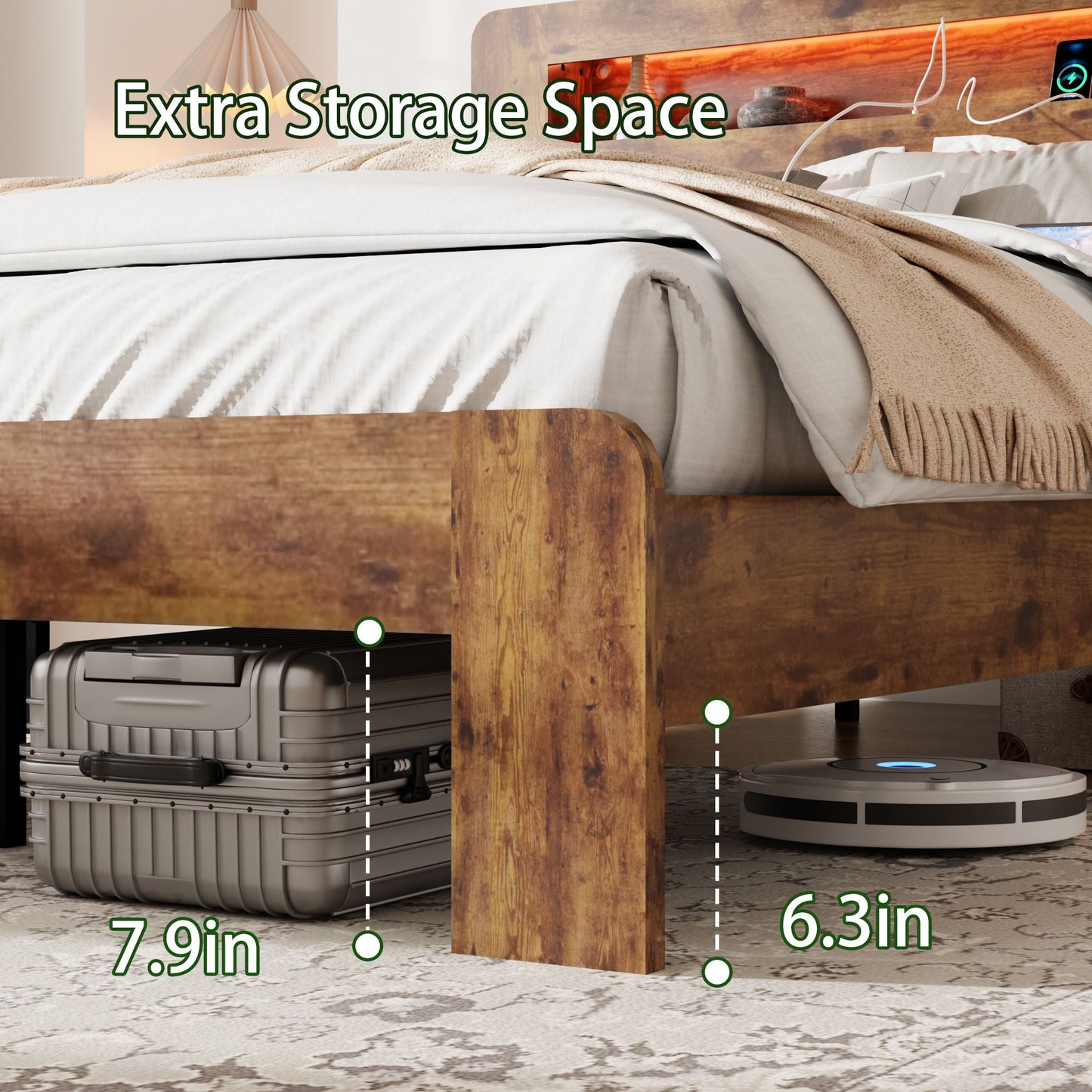 Wood Platform Bed Frame With Storage LED Light Headboard & USB Home Essentials