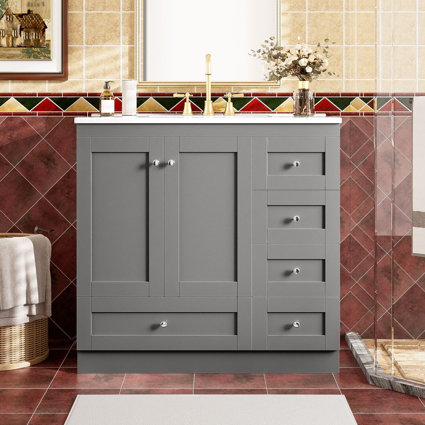 Shaker Free Standing Bathroom Vanity Cabinet With Sink, Soft Close Drawers, Soft Close Doors Hearth and Haven