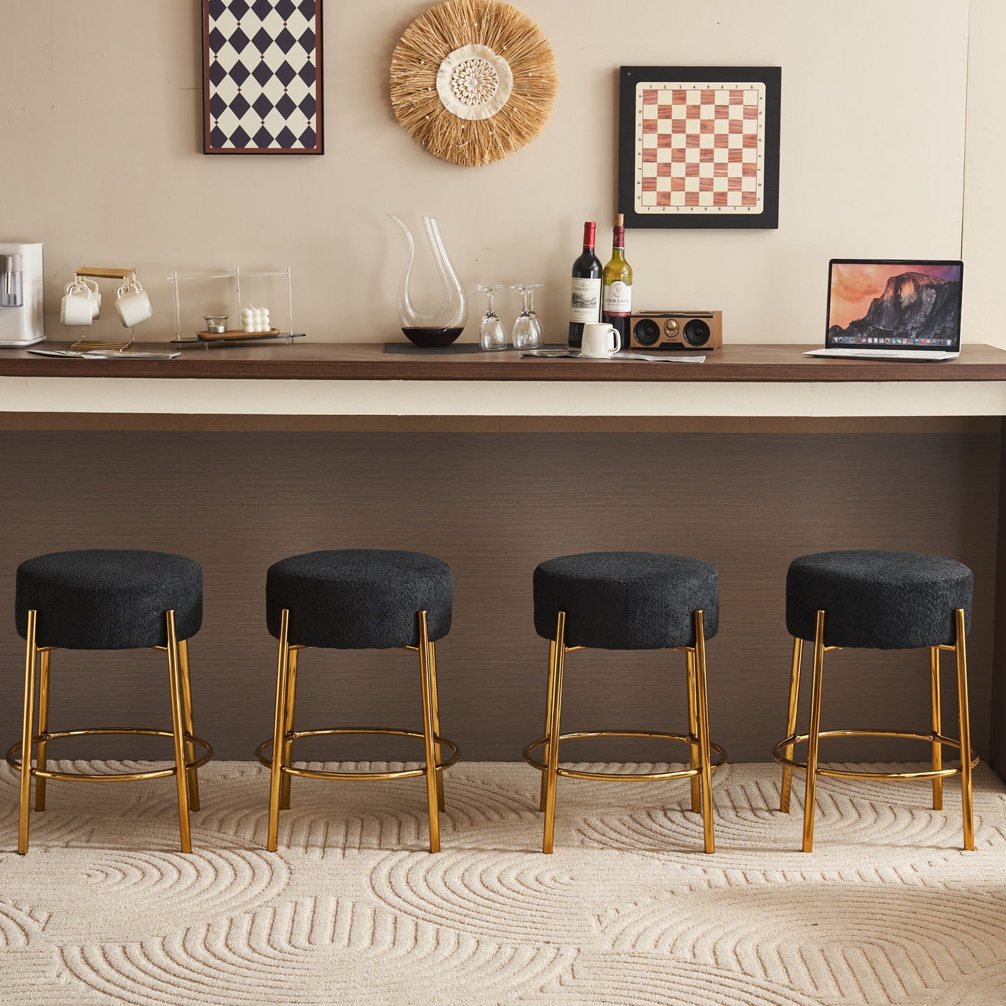 Round Bar Stools (Set of 2), Contemporary Upholstered Dining Stools For Kitchens, Coffee Shops And Bar Stores - Gold Legs Home Essentials