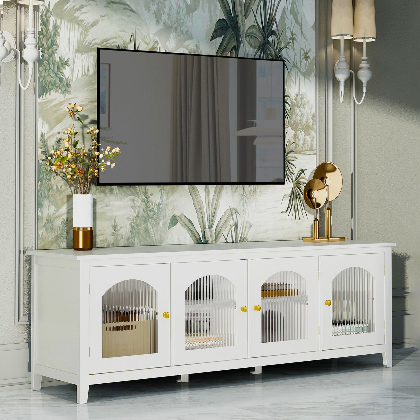 StylishTVcabinet Entertainment CenterTV Stand, TVconsoletable, Media Console, Solidwood Frame, Changhong Glass Door, Metal Handle Home Essentials